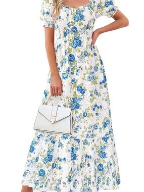#79 Pretty Garden Blue Floral Puff-Sleeve Maxi Dress A Line Smocked Eyelet